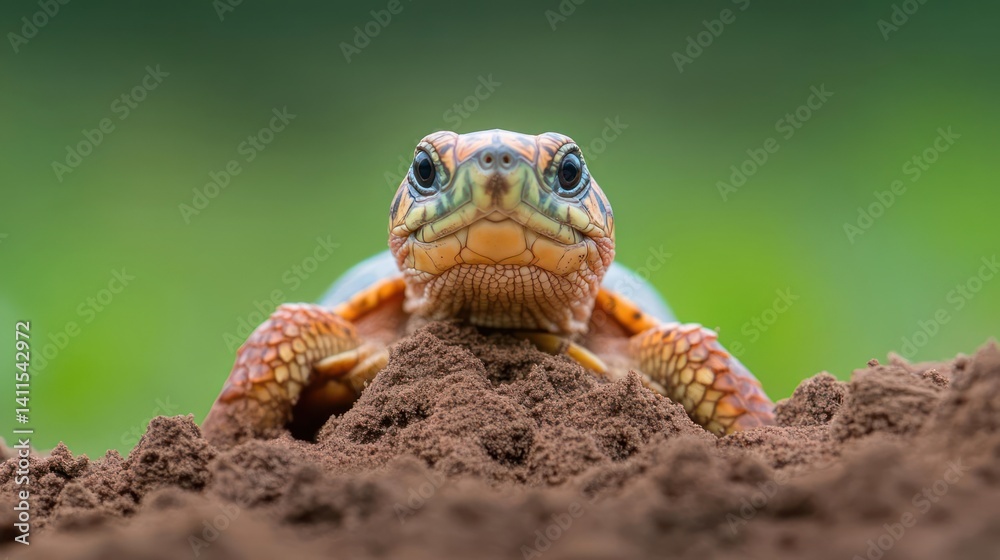 Poster Close-up of a turtle emerging from a pile of dirt, with a bright green background. The turtle's shell is partially visible, with its head and front legs covered in soil. The turtle is looking