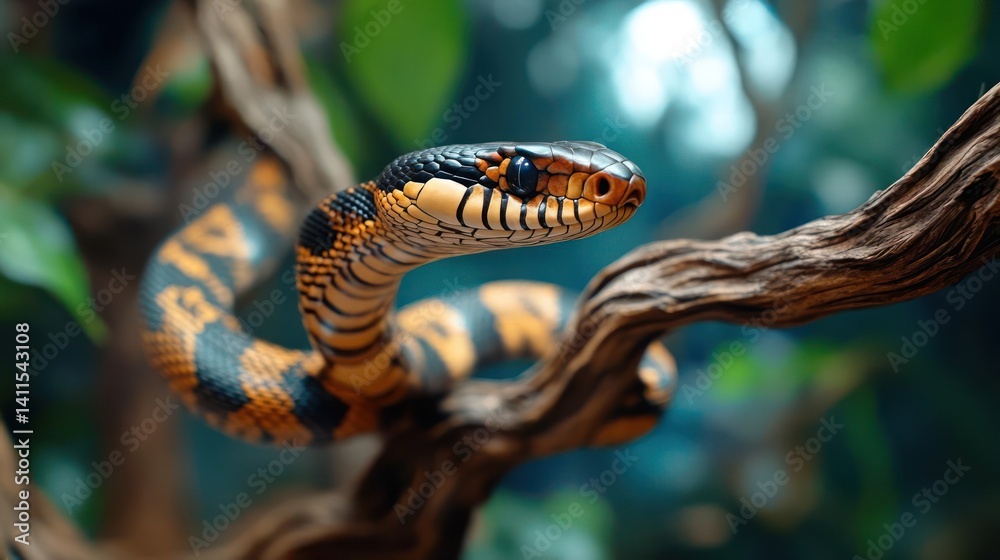 Poster close up of an orange and black striped snake coiled on a branch with lush green foliage in the blur