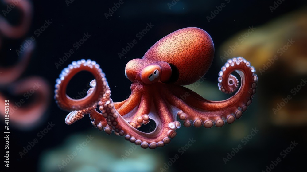 Poster Underwater shot features a vibrant red octopus with curled tentacles. The scene is set against a dark backdrop with blurred elements, creating a visually appealing and somewhat abstract marine image