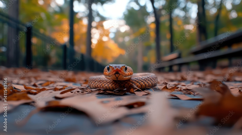 Aufkleber Close-up of a brown snake on a path covered with fallen leaves, set against a backdrop of trees with autumn foliage. The snake is coiled, facing the camera with a blurred background, emphasizing
