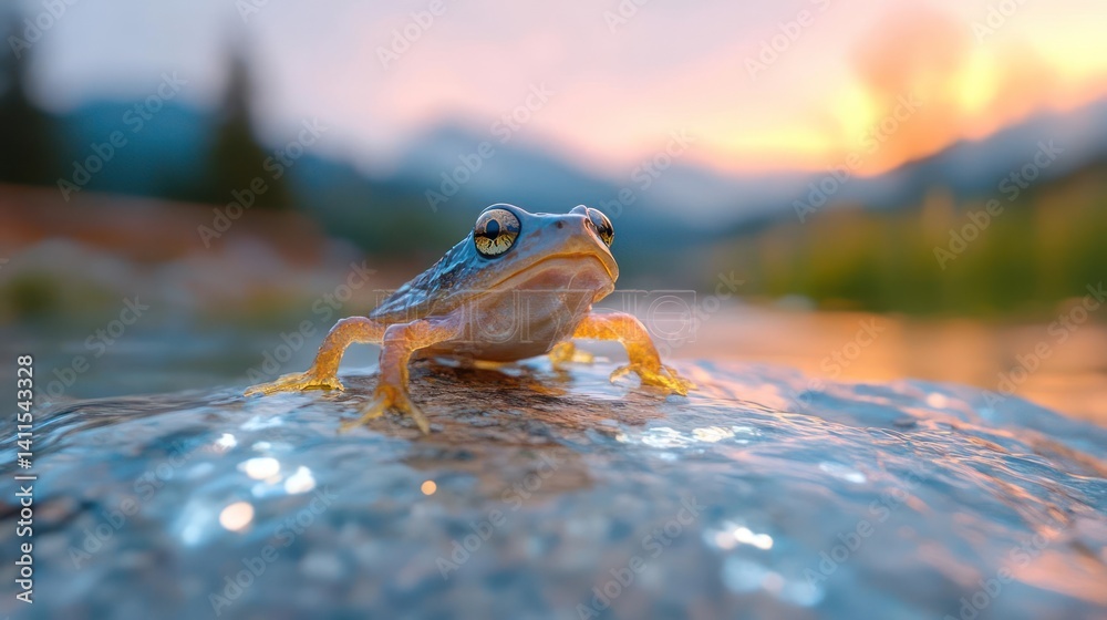 Poster a small frog sits on a wet rock in a stream, with a backdrop of mountains and a vibrant sunset. the 