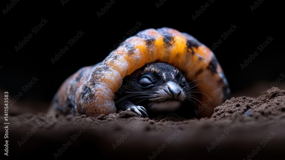 Poster a macro shot showcases a black and white dormouse nestled in earth under an orange and black spotted