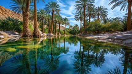 Obraz premium Oasis Serenity: Palm Trees Reflecting in a Crystal Clear Pool