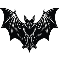 Spooky Monochrome Bat With Spread Wings, Showing Teeth, Isolated on White