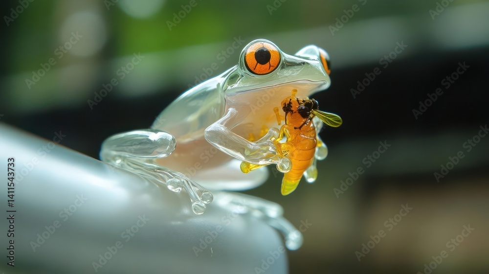 Poster a translucent frog with orange eyes sits on a gray surface, holding a yellow and orange insect in it