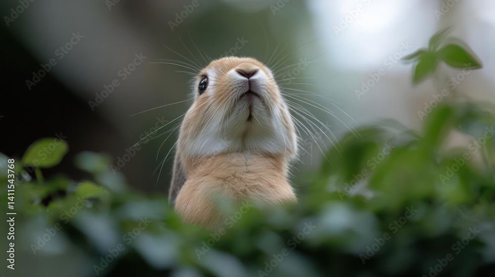 Poster close-up shot of a small brown rabbit looking upwards, surrounded by lush green foliage, creating a 