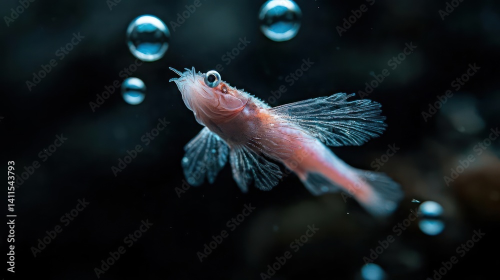 Poster close-up of a small red and white fish with transparent fins swimming upwards surrounded by large tr