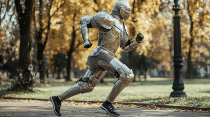 A knight in full armor jogging in a park, wearing modern running shoes, struggling with the weight of his metal suit