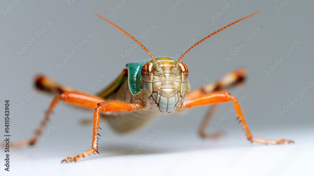 Aufkleber this macro shot captures a grasshopper with orange legs, translucent wings, and a detailed head agai