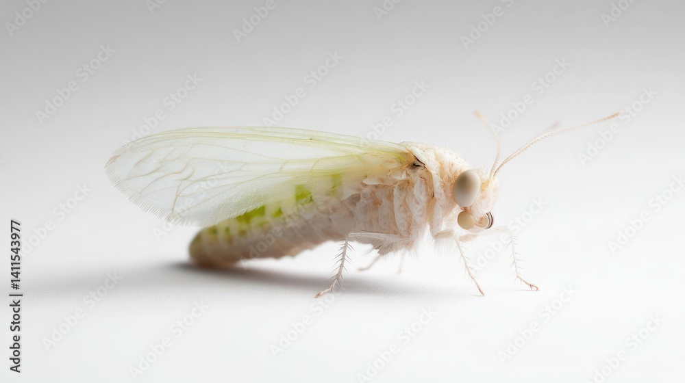Fototapete close-up of a light-colored planthopper insect with translucent wings and delicate body on a white s