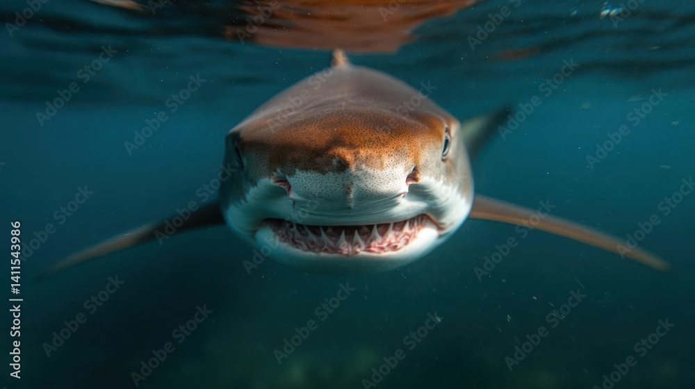Aufkleber Underwater view of a shark with a white underside and visible teeth, gazing directly at the camera against a dark blue sea background. The shark's streamlined body and open mouth create a sense of