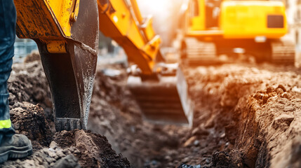 Excavator operator digging a trench at a construction site. Featuring heavy machinery and excavation