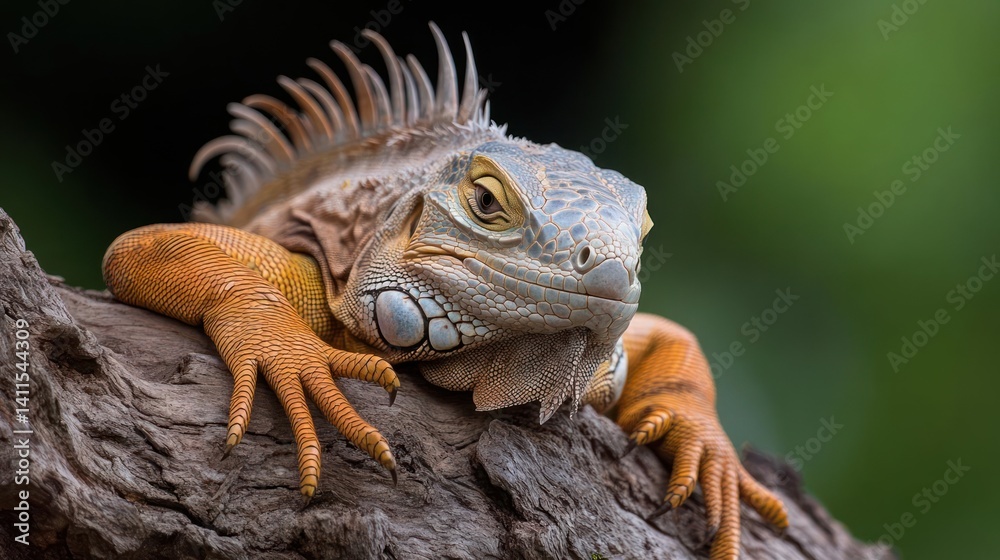 Poster close-up shot of a vibrant orange iguana perched on a weathered branch, set against a lush green bac