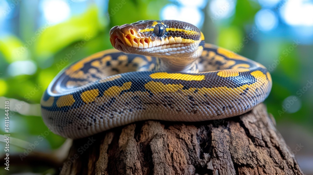 Poster close up studio shot of a snake curled up on a wood with a blurry background showcasing yellow and b