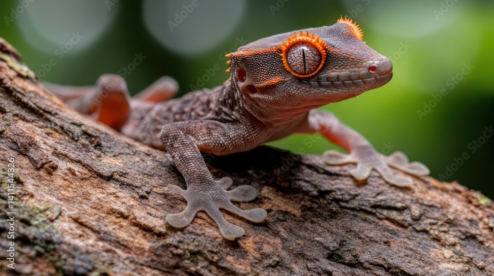 Poster Detailed close-up of a crested gecko resting on a tree branch, showcasing its distinctive brow ridges and intricate patterns in a soft, natural light. The background is blurred, highlighting the