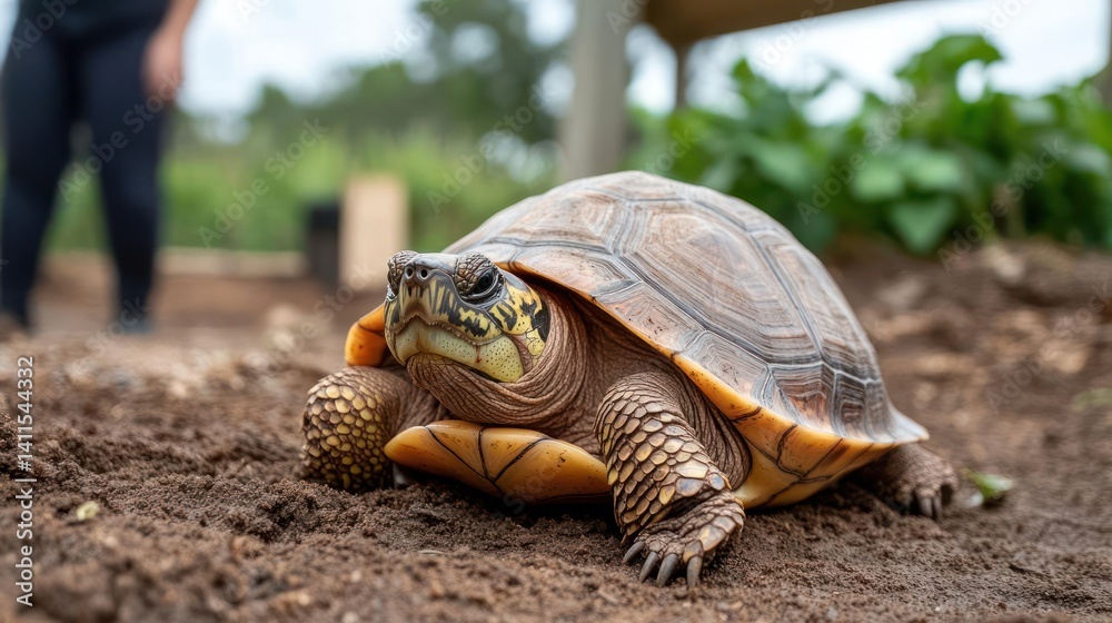 Poster close up of brown box turtle with yellow markings crawling on dirt with blurred green background. th