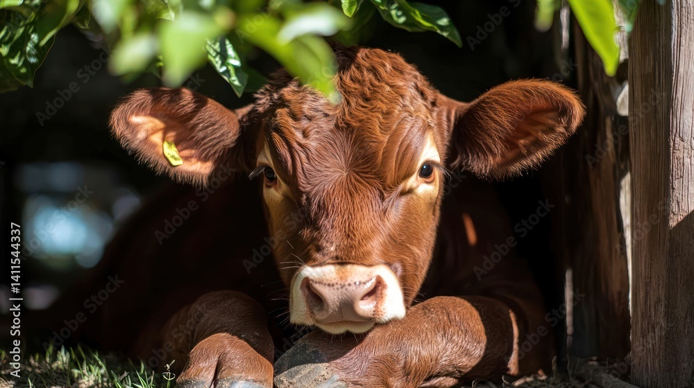 Poster close-up of a brown calf resting in the shade, facing the camera with a gentle expression. the calf'