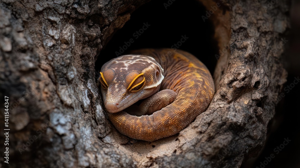 Poster close-up of a gecko curled inside a hole in a tree. the reptile showcases mottled brown and orange s