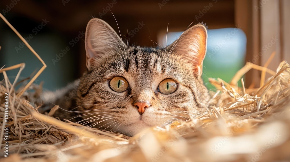 Aufkleber A brown tabby cat lies among straw with a shallow depth of field. The cat is under soft light and the focus is on the face and eyes. The background is out of focus, showing the frame and sky