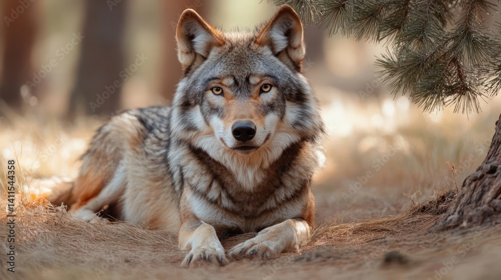 Leinwandbilder portrait of a majestic gray wolf resting in a forest, lying on dry grass near a tree. the wolf has a