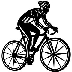 Obraz premium Line art vector silhouette of a person riding a road bike in a racing position, leaning forward with one hand on the handlebars