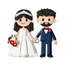 Cute Cartoon Couple in Wedding Attire Holding Hands with Flowers