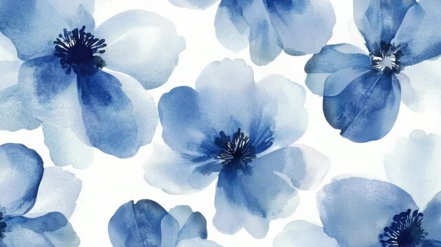 Blue flowers on a light gray background in a watercolor style, suitable for textiles and wallpaper designs.