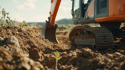 Obraz premium Excavator operator digging a trench for utilities at a construction site. Featuring excavation and utility installation