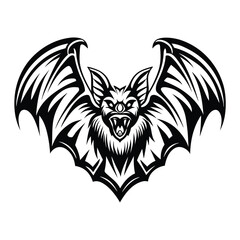 Stylized Black Bat Silhouette with White Highlights, Wings Spread, Sharp Teeth, Isolated