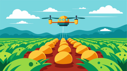 In a field of potatoes an autonomous drone scans the entire area flagging any plants that may have been damaged by pests or lack of nutrients.. Vector illustration