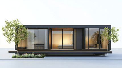 Modern minimalist house with large glass windows and sleek design