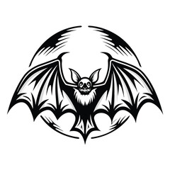 Silhouette of Black Bat with Sharp Fangs and Open Wings on White Background