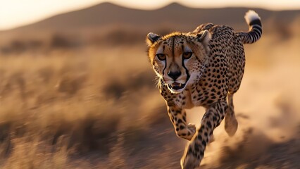 A cheetah running swiftly across a blurry, golden landscape, showcasing its agility and speed. Concept Cheetah in Motion, Golden Landscape, Agility and Speed, Nature Photography, Wildlife Action Shot