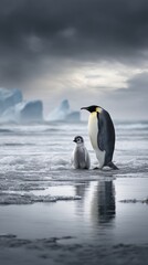 Fototapeta premium Emperor penguin family stands majestically on icy shores, capturing essence of cold habitats. Perfect for wildlife lovers and nature conservation projects, celebrating winter themes.
