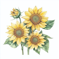 illustration of Sunflowers, summer flowers, soft watercolor tones, white background, detailed illustration, cartoonish.