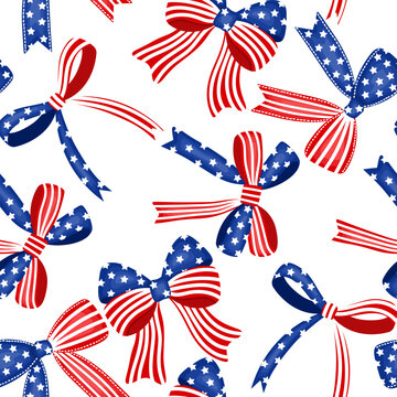 The US flag with bows seamless pattern on white background 