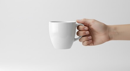 A Hand Holding a Plain White Mug Against a Clean White Background