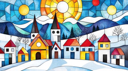 Colorful Stained Glass Style Village Scene with Sun and Mountains