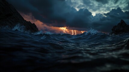 Naklejka premium Stormy Seascape, Dramatic Lightning, Rocky Coastline, Dusk