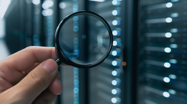 Data Investigation: A close-up shot of a hand holding a magnifying glass, illuminating a server room. The image captures a data investigation and tech inspection process. 