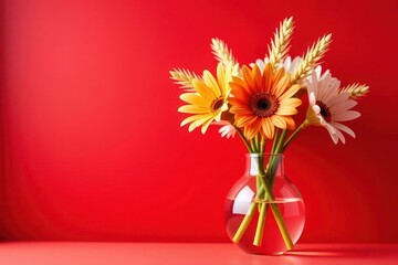 Fototapeta premium Straw bouquet in clear glass vase, red background, sunlit, floral arrangement, home decor