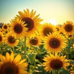 Obraz premium Golden sunflowers in a field, heads tracking the sun, countryside, growth