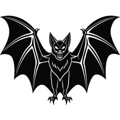 Stylized Black Bat With Spread Wings In Circle Silhouette on White Background