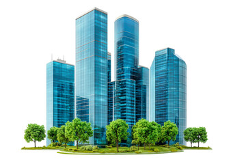 Modern skyline with skyscrapers and green trees, PNG