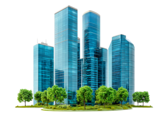 Modern skyline with skyscrapers and green trees, PNG