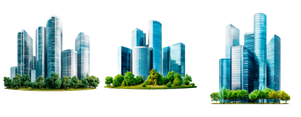 Set of modern skyline with skyscrapers and green trees isolated on transparent background