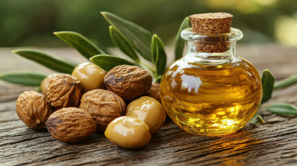 Olive oil with olives and walnuts on rustic wooden table