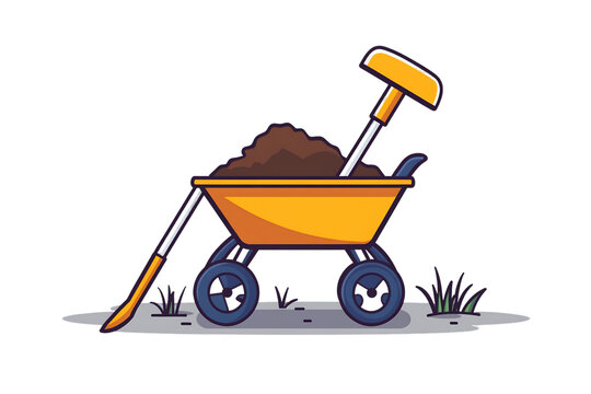 yellow wheelbarrow with soil and shovel clip art preview