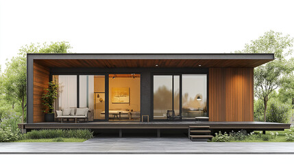 Modern rental house with wooden facade and large windows