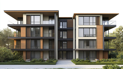Obraz premium Modern apartment building with large windows and balconies, surrounded by greenery
